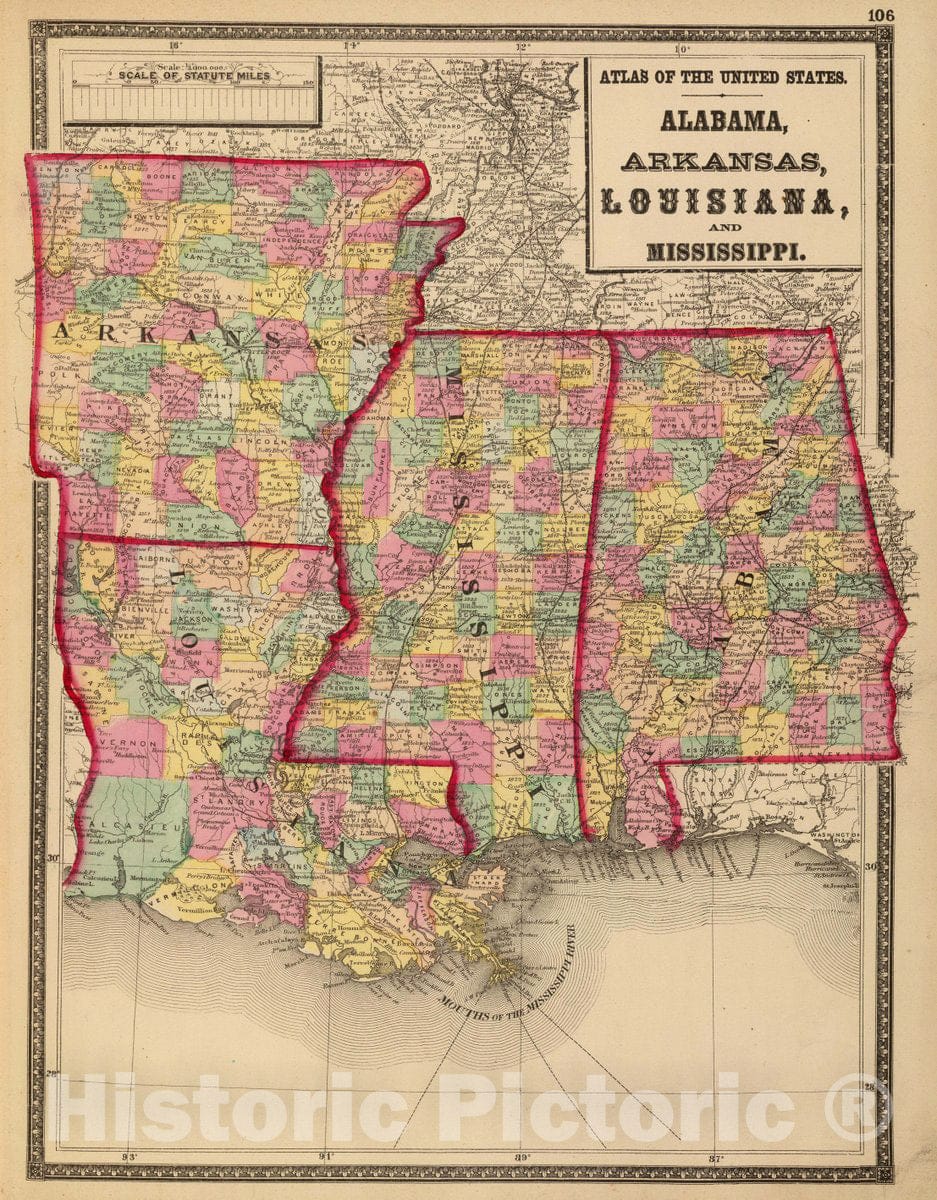 Historic Map : Alabama, Arkansas, Louisiana, and Mississippi, 1873 Atlas - Vintage Wall Art