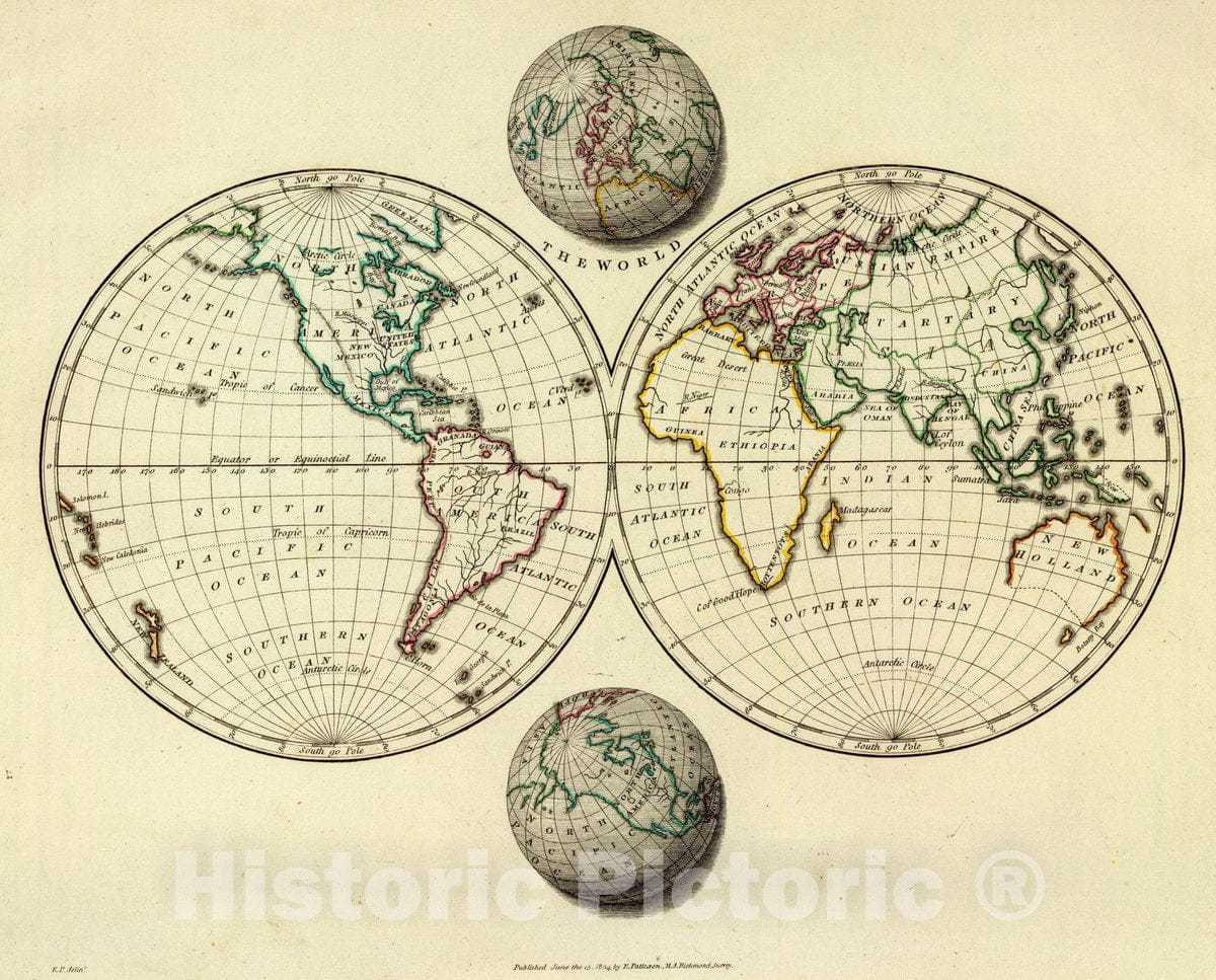 Historic Map : The World. E.P. delint. Published June The 15, 1804 by The E. Patteson, M.A, Richmond, Surrey, 1804 Atlas - Vintage Wall Art