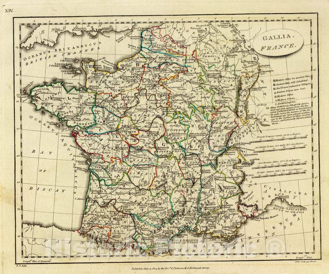 Historic Map : Gallia. France. E.P. delin. Neele sculp, 352 Strand. Published June 15, 1804 by The Revd. E. Patteson, M.A, Richmond, Surrey, 1804 Atlas - Vintage Wall Art
