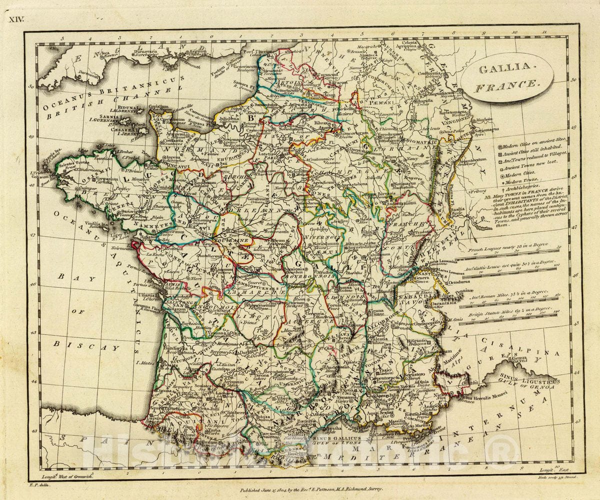 Historic Map : Gallia. France. E.P. delin. Neele sculp, 352 Strand. Published June 15, 1804 by The Revd. E. Patteson, M.A, Richmond, Surrey, 1804 Atlas - Vintage Wall Art