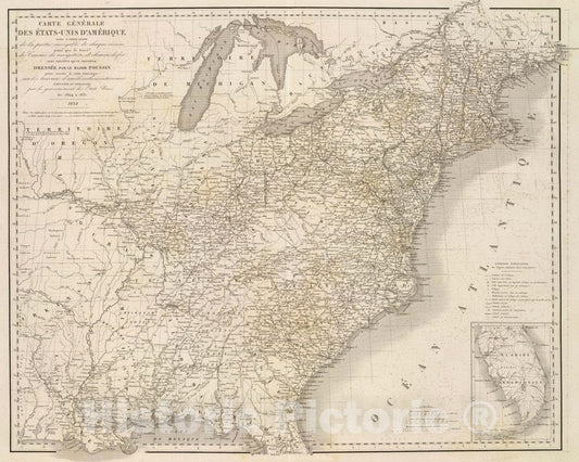 Historic Wall Map : United States, Carte generale des Etats-Unis d'Amerique, 1834 , Vintage Wall Art