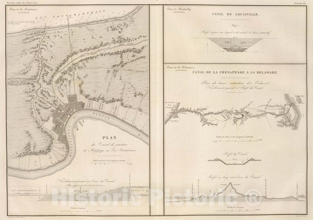 Historic Map : Delaware, Chesapeake and Delaware Canal (Del. Md.) Canal, Mississippi au Lac Pontchartrain, 1834 Atlas , Vintage Wall Art