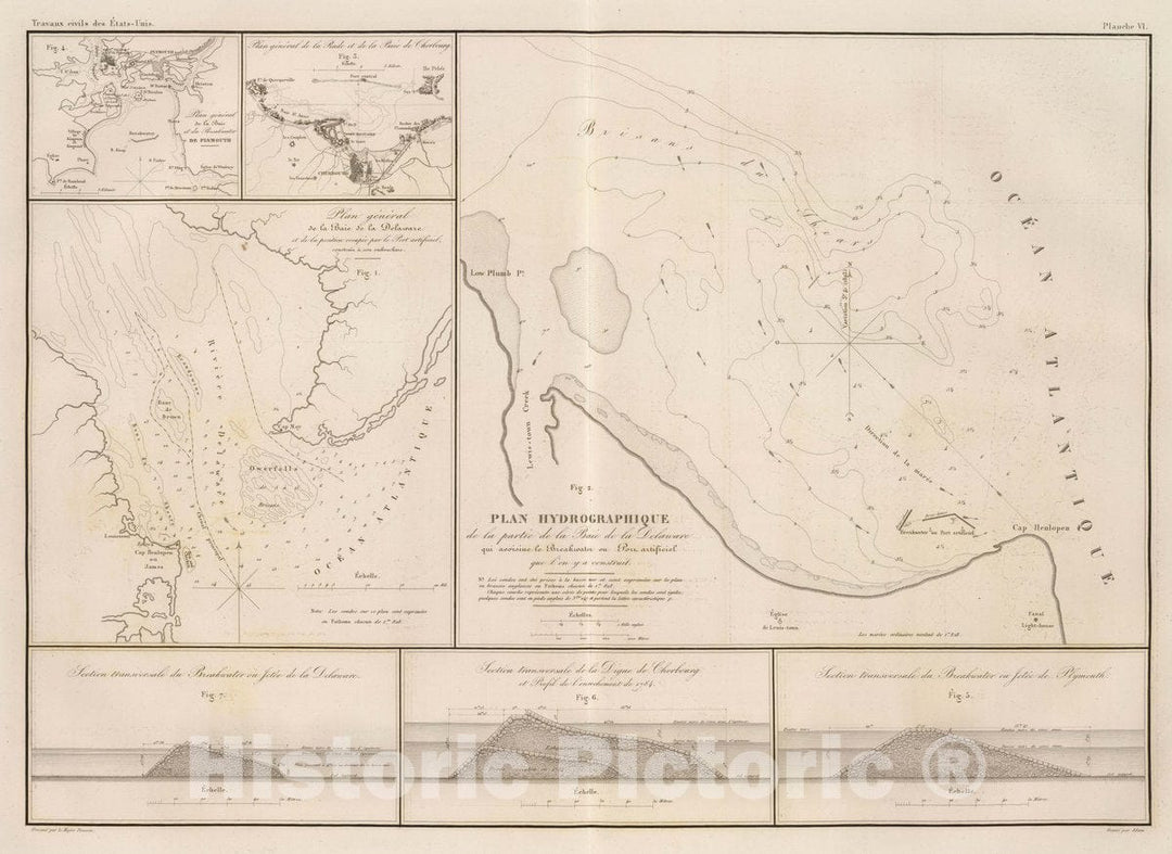 Historic Map : England; France , Cherbourg France, Delaware, Delaware Bay (Del. and N.J.) Plan hydrographique de la partie de la Baie de la Delaware, 1834 , Vintage Wall Art
