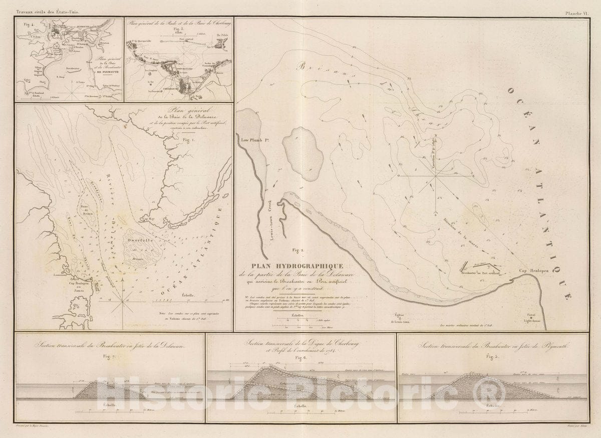 Historic Map : England; France , Cherbourg France, Delaware, Delaware Bay (Del. and N.J.) Plan hydrographique de la partie de la Baie de la Delaware, 1834 , Vintage Wall Art