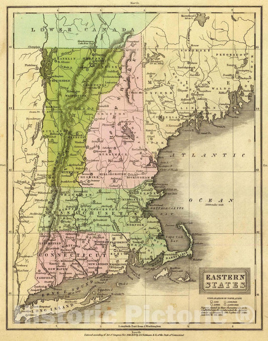 Historic Map : Eastern States. Entered According to Act. of Congress Nov. 20th 1829 by D.F. Robinson & Co. of The State of Connecticut, 1829 Atlas - Vintage Wall Art