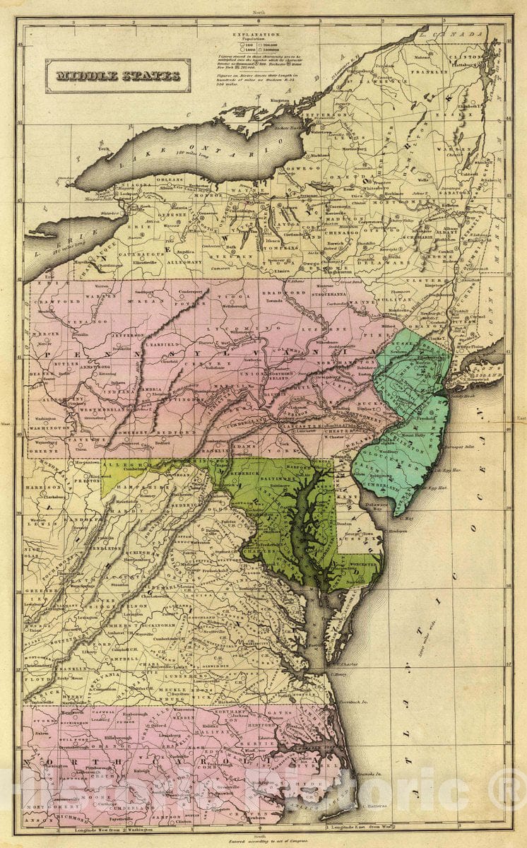 Historic Map : 1837 School Atlas - Middle States. Entered According to act of Congress. (1837) - Vintage Wall Art