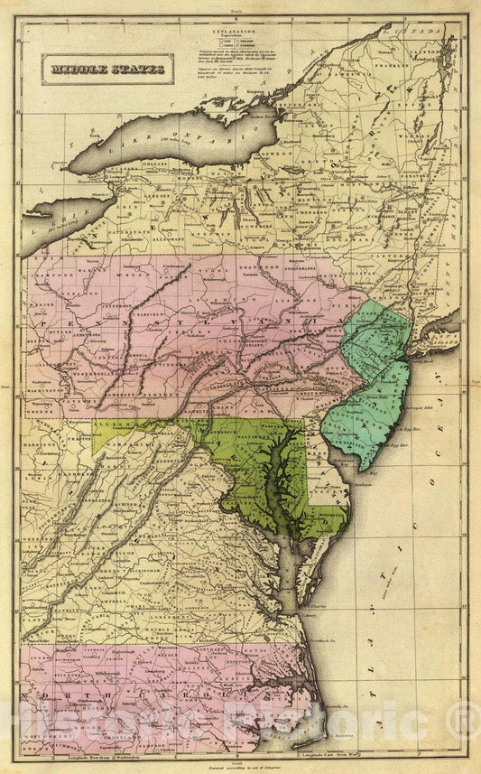 Historic Map : 1837 School Atlas - Middle States. Entered According to act of Congress. (1837) - Vintage Wall Art