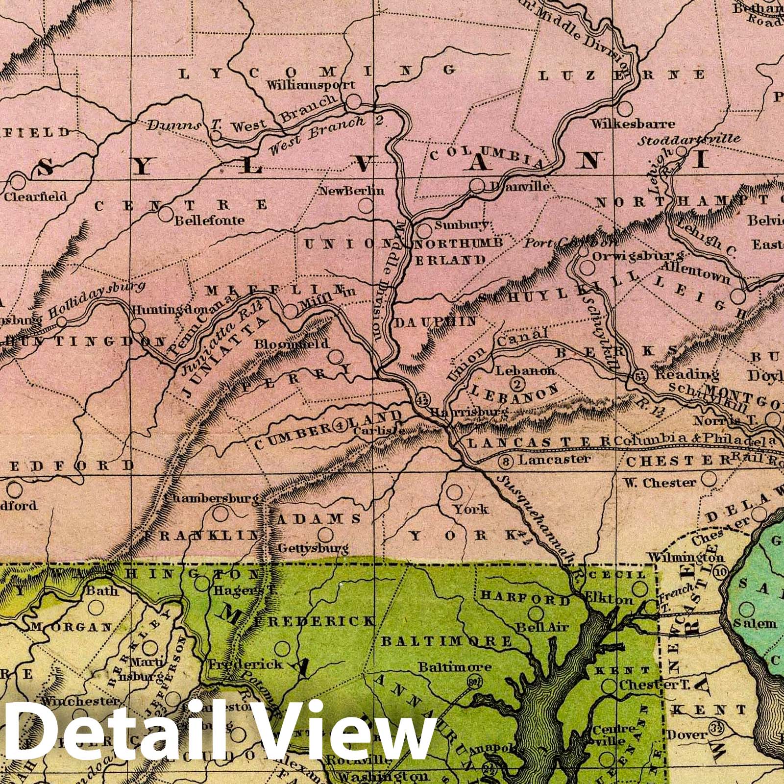 Middle States - River Map, 1837 - Hand-Colored Historical Map Print
