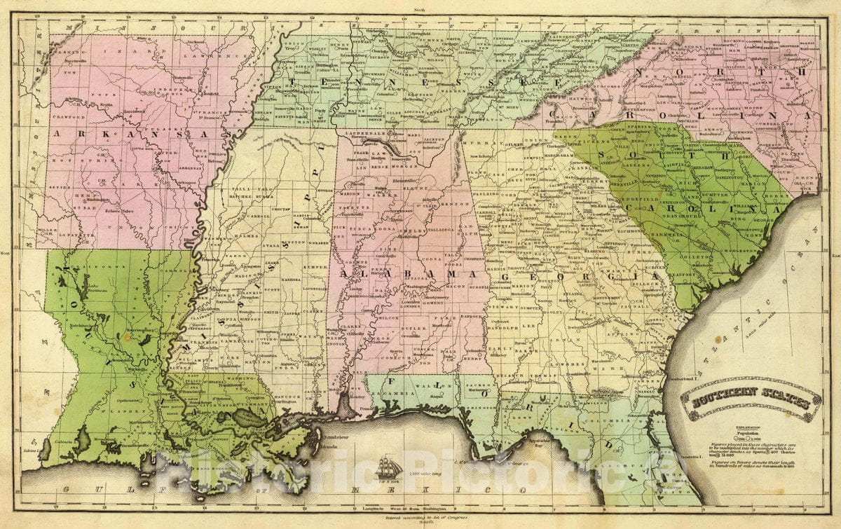 Historic Map : 1837 School Atlas - Southern States. Entered According to act of Congress. (1837) - Vintage Wall Art