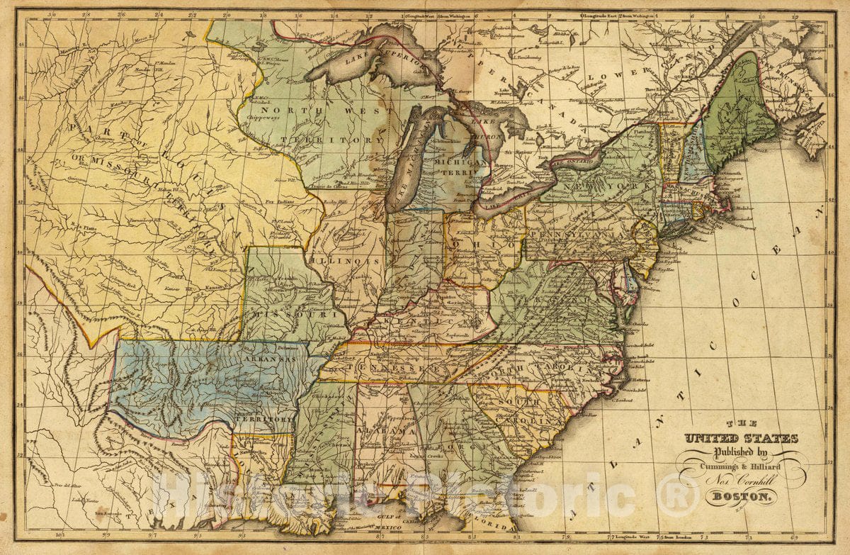 United States 1821 Historical Map Print - Worcester's Modern Atlas