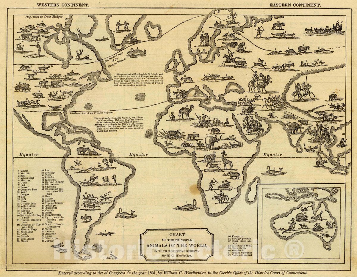 Historic Map : Chart of the principal animals of the World in their respective regions. By W.C. Woodbridge. Entered, 1831, 1837 Atlas - Vintage Wall Art