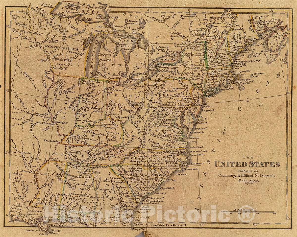Historic Map : The United States. Published by Cummings & Hilliard, No. 1, Cornhill, Boston. H. Morse Sc. (1821?), 1821 Atlas - Vintage Wall Art