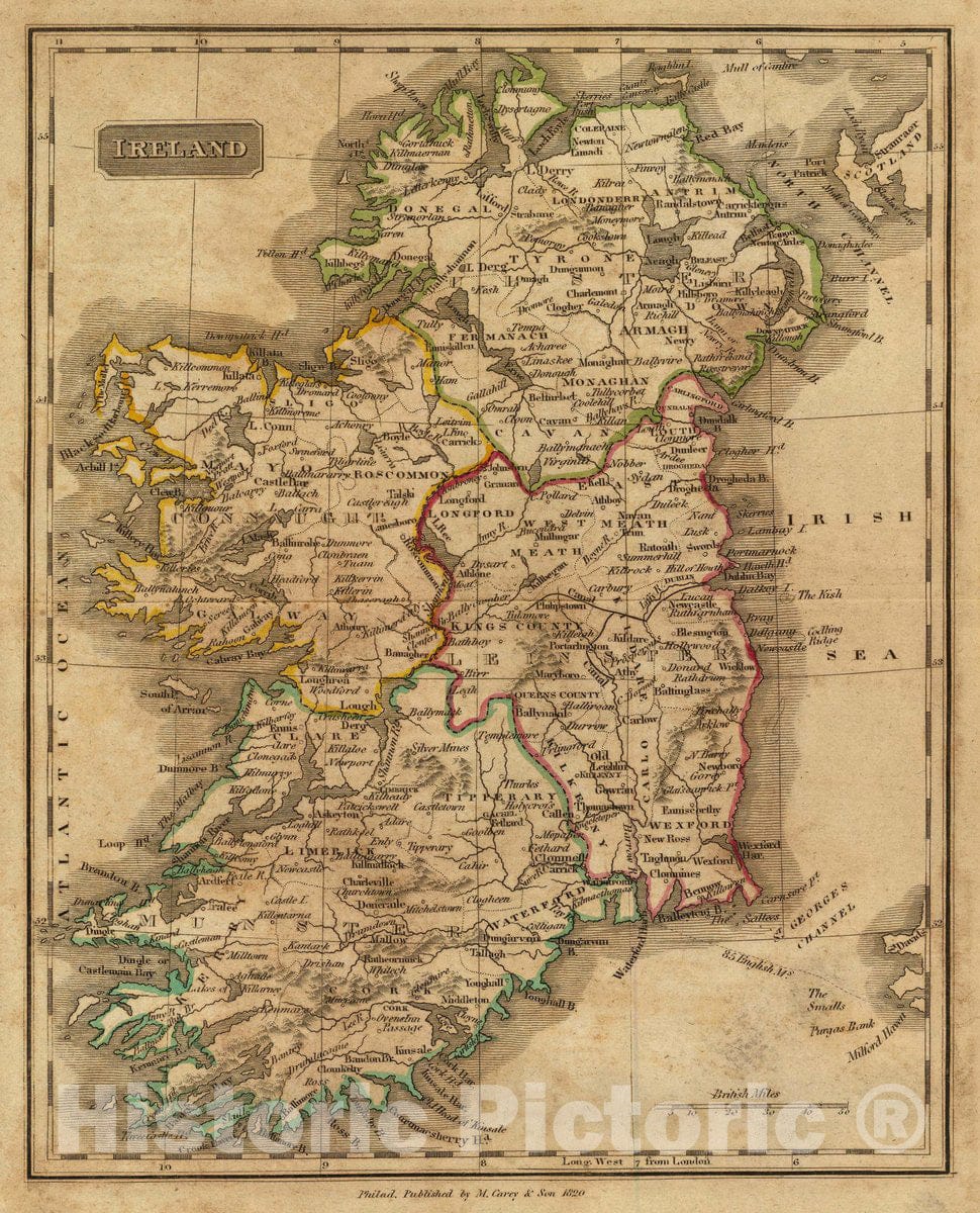 Ireland, 1820 - Historical Map Print from Carey's School Atlas