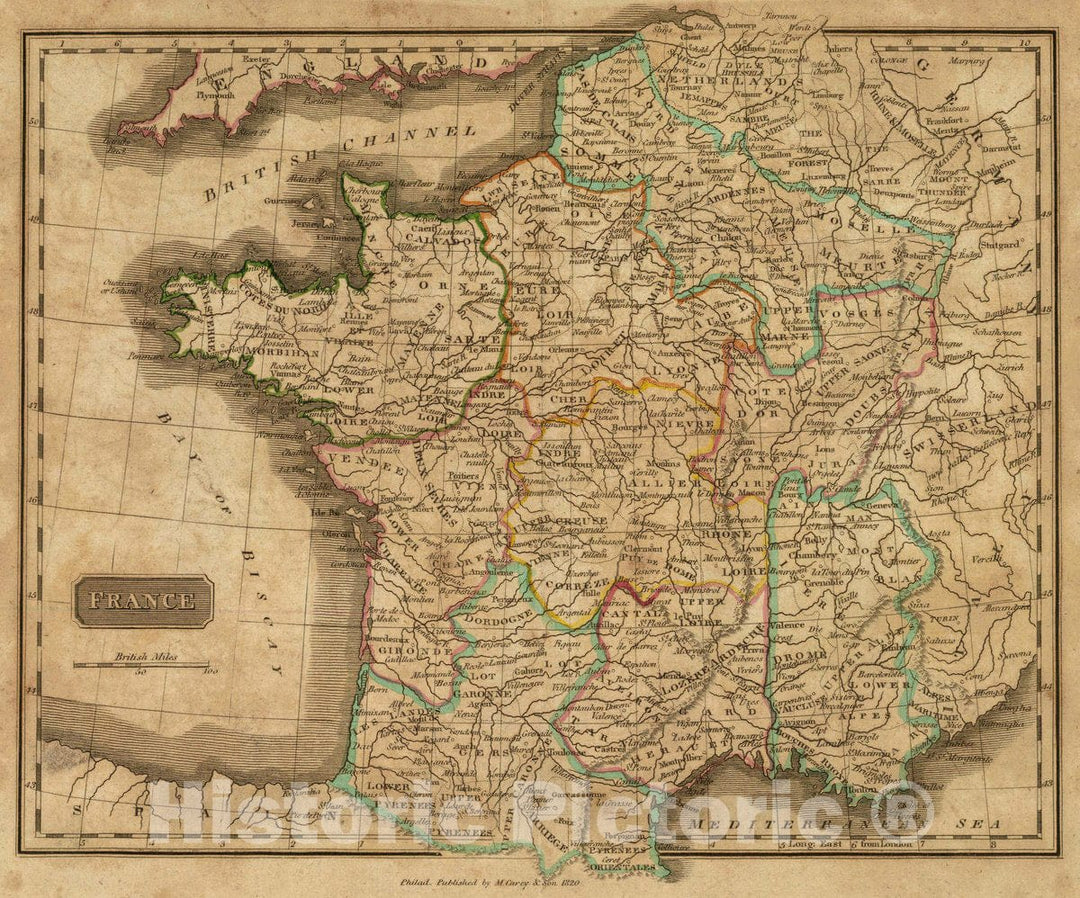 Historic Map : France. Philad. Published by M. Carey & Son, 1820, 1820 Atlas - Vintage Wall Art