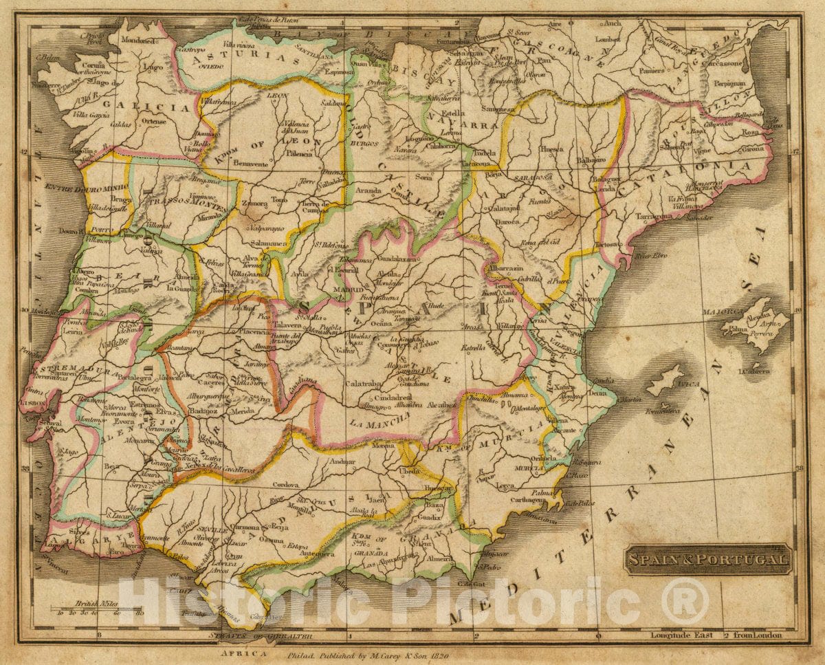 Historic Map : Spain & Portugal. Philad. Published by M. Carey & Son, 1820, 1820 Atlas - Vintage Wall Art