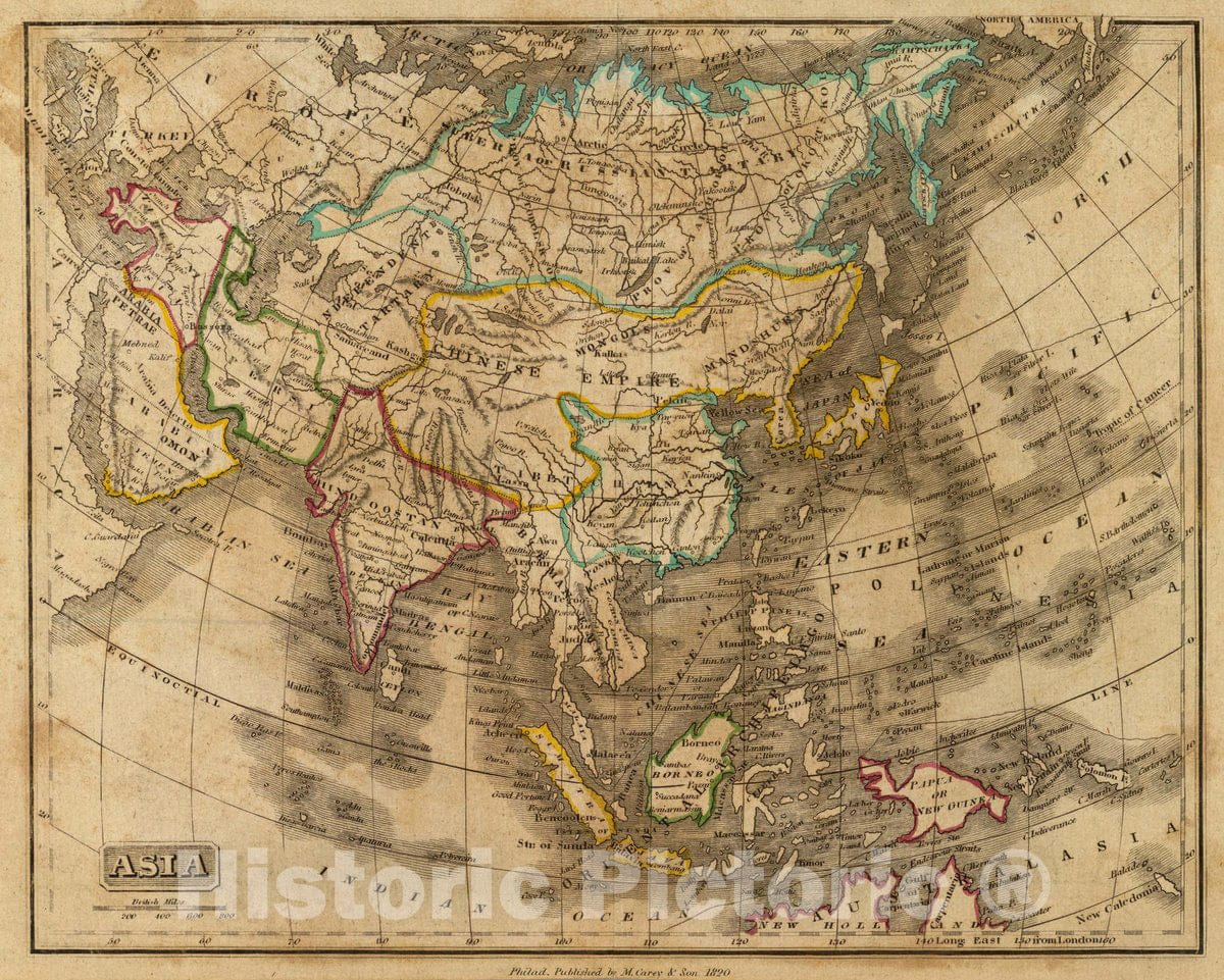 Historic Map : Asia. Philad. Published by M. Carey & Son, 1820, 1820 Atlas - Vintage Wall Art