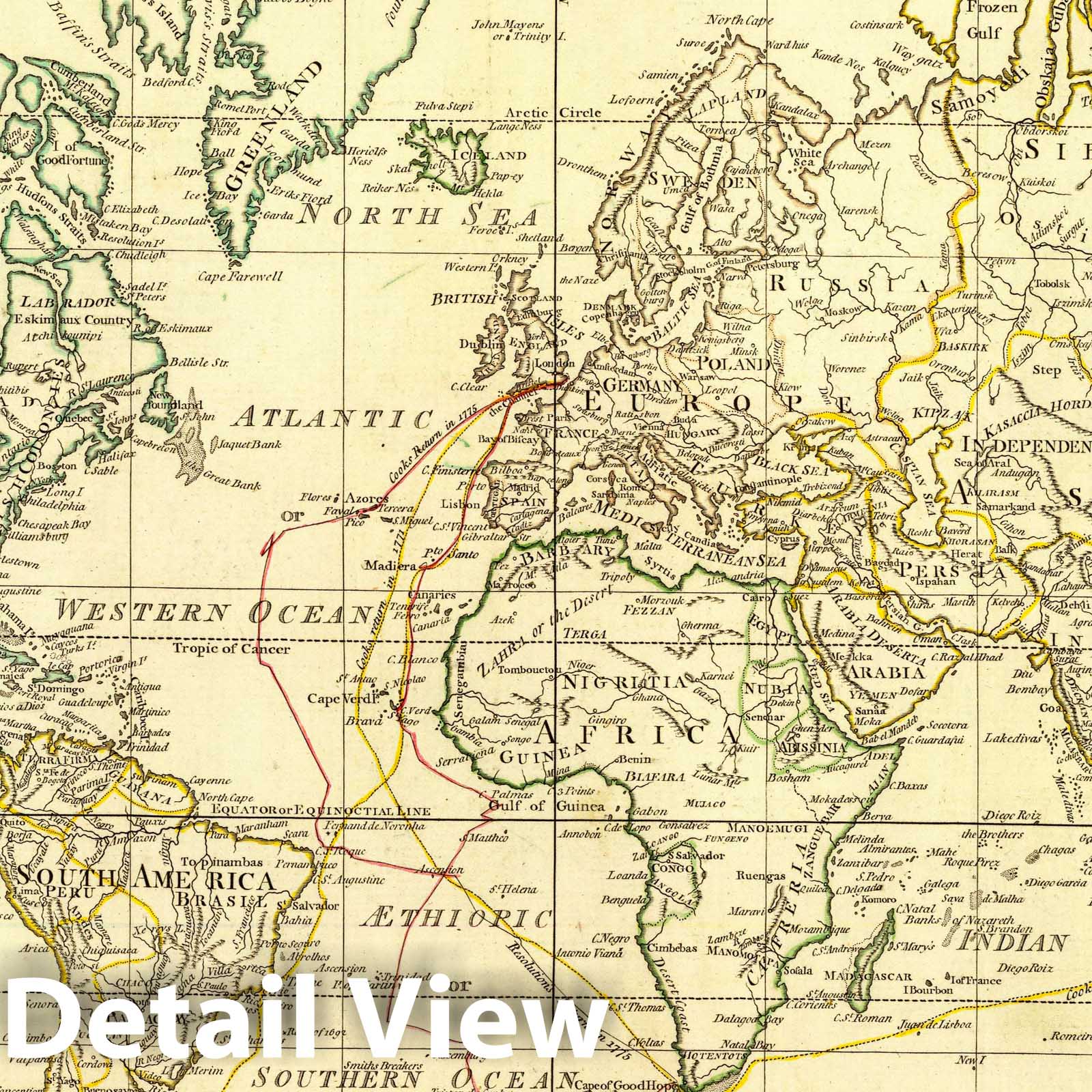 World with Captain Cook's Voyage Tracks - Nautical Chart, 1775