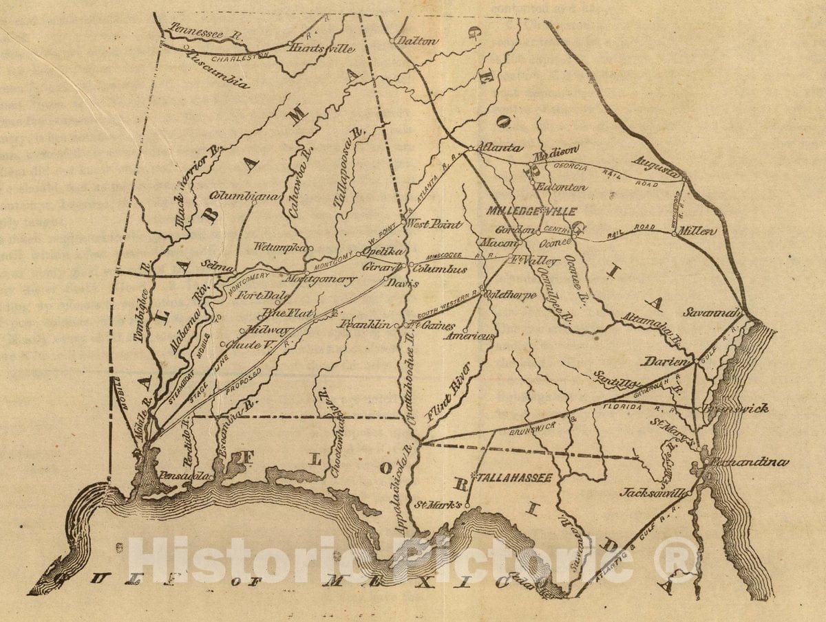 Historic Map : (Map of Alabama, Georgia and Part of Florida. Raleigh: Branson, Farrar & Co, Publishers. Biblical Recorder Print. 1863), 1863 Atlas - Vintage Wall Art