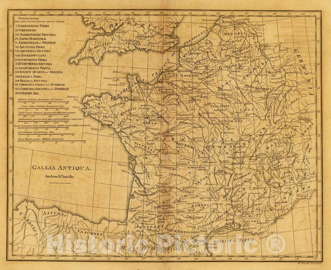 Historic Map : France, Gallia Antiqua. Auctore D'Anville. W. Sim, Sc, New York. (1814?), 1814 Classical Atlas , Vintage Wall Art