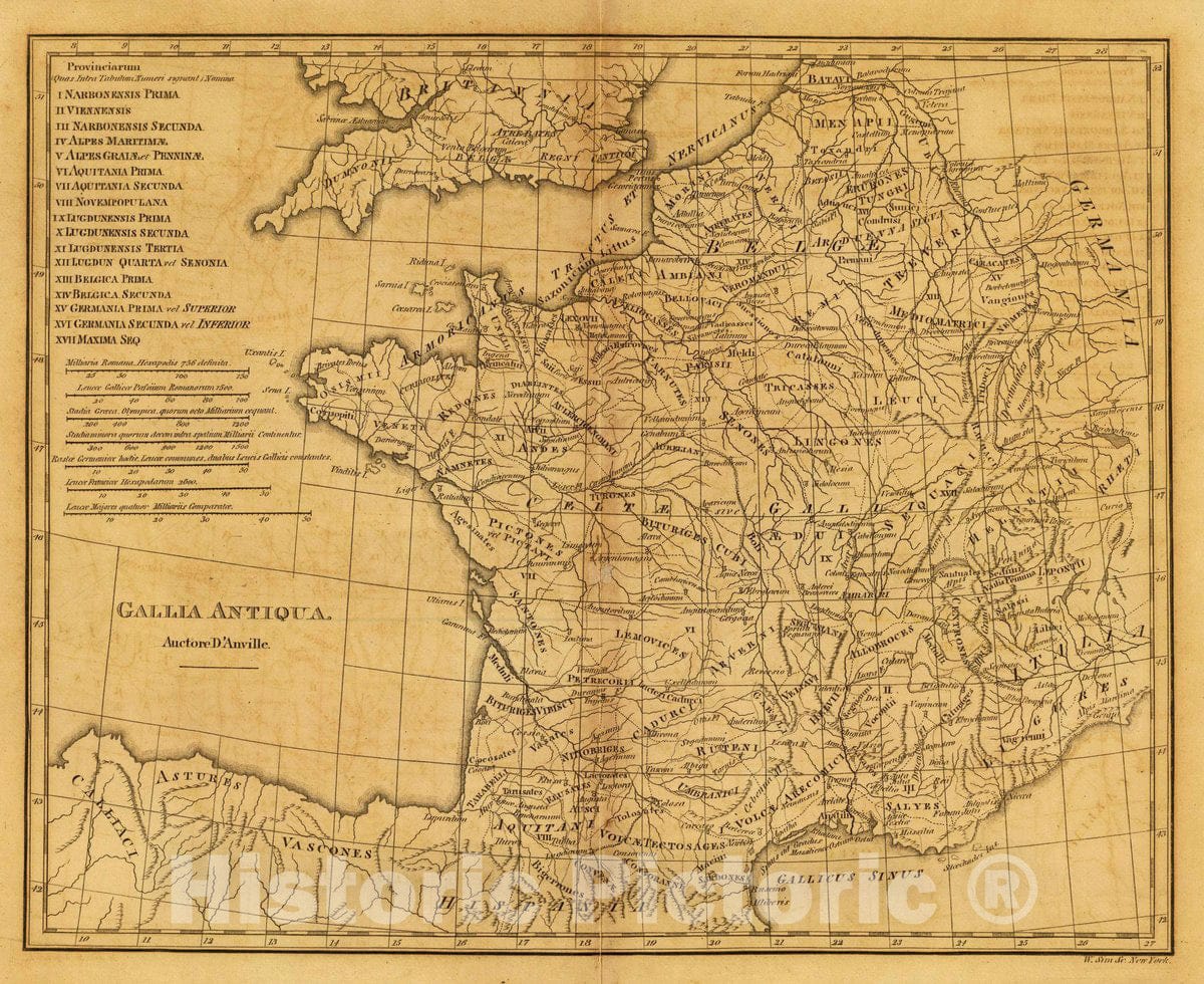 Historic Map : France, Gallia Antiqua. Auctore D'Anville. W. Sim, Sc, New York. (1814?), 1814 Classical Atlas , Vintage Wall Art