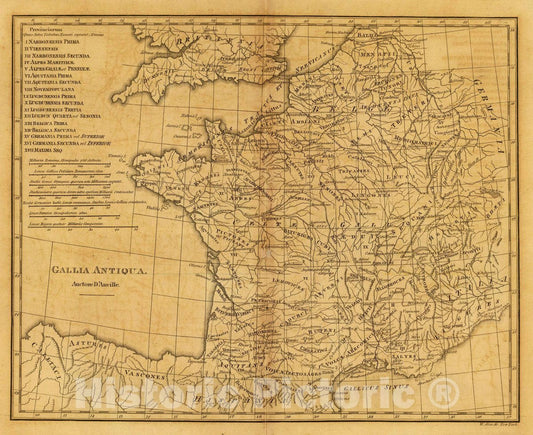 Historic Map : France, Gallia Antiqua. Auctore D'Anville. W. Sim, Sc, New York. (1814?), 1814 Classical Atlas , Vintage Wall Art