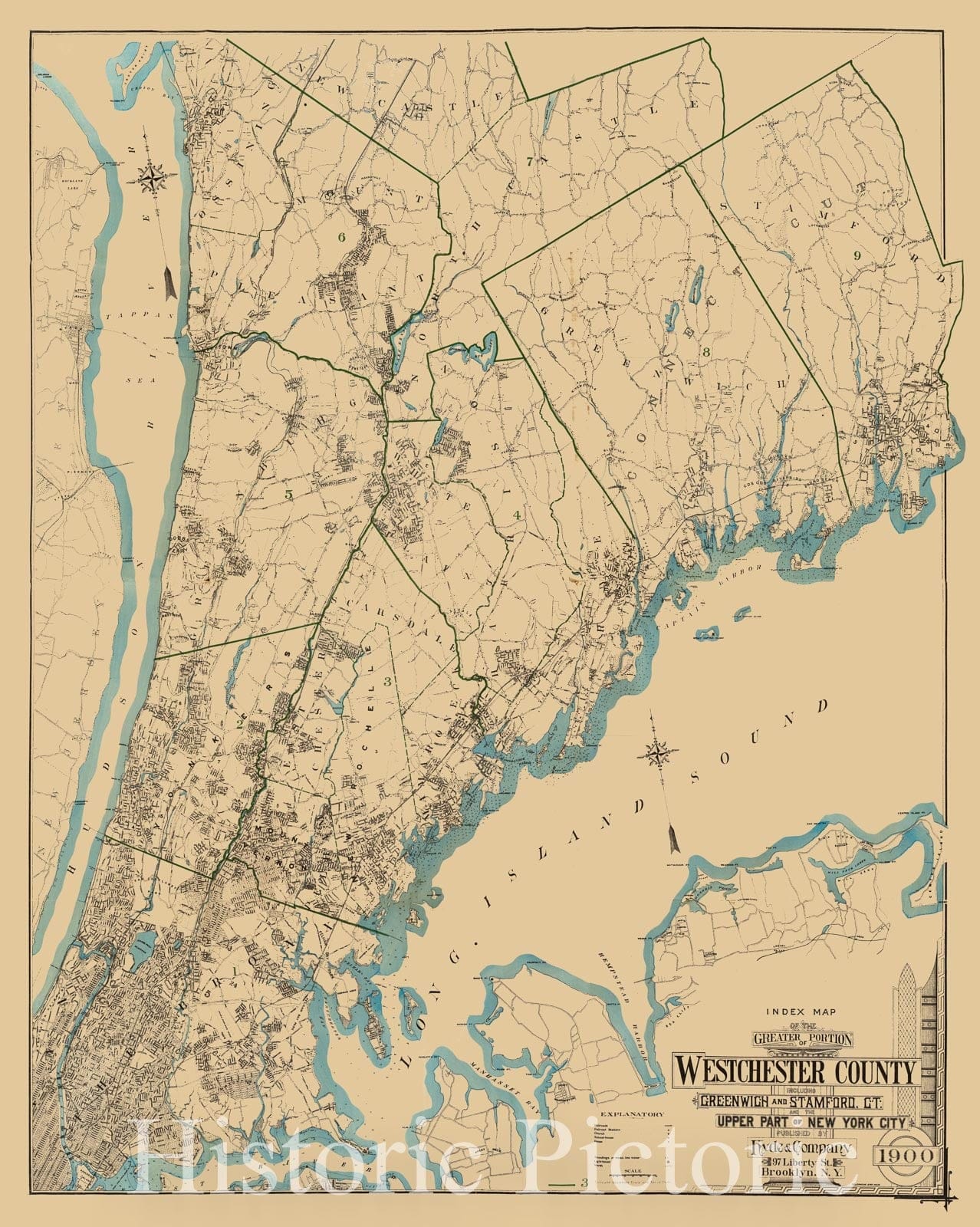 Historical Map : Index map of the greater portion of Westchester County including Greenwich and Stamford, Ct. and the upper part of New York City. Published by Hyde &, 1900Vintage Wall Art