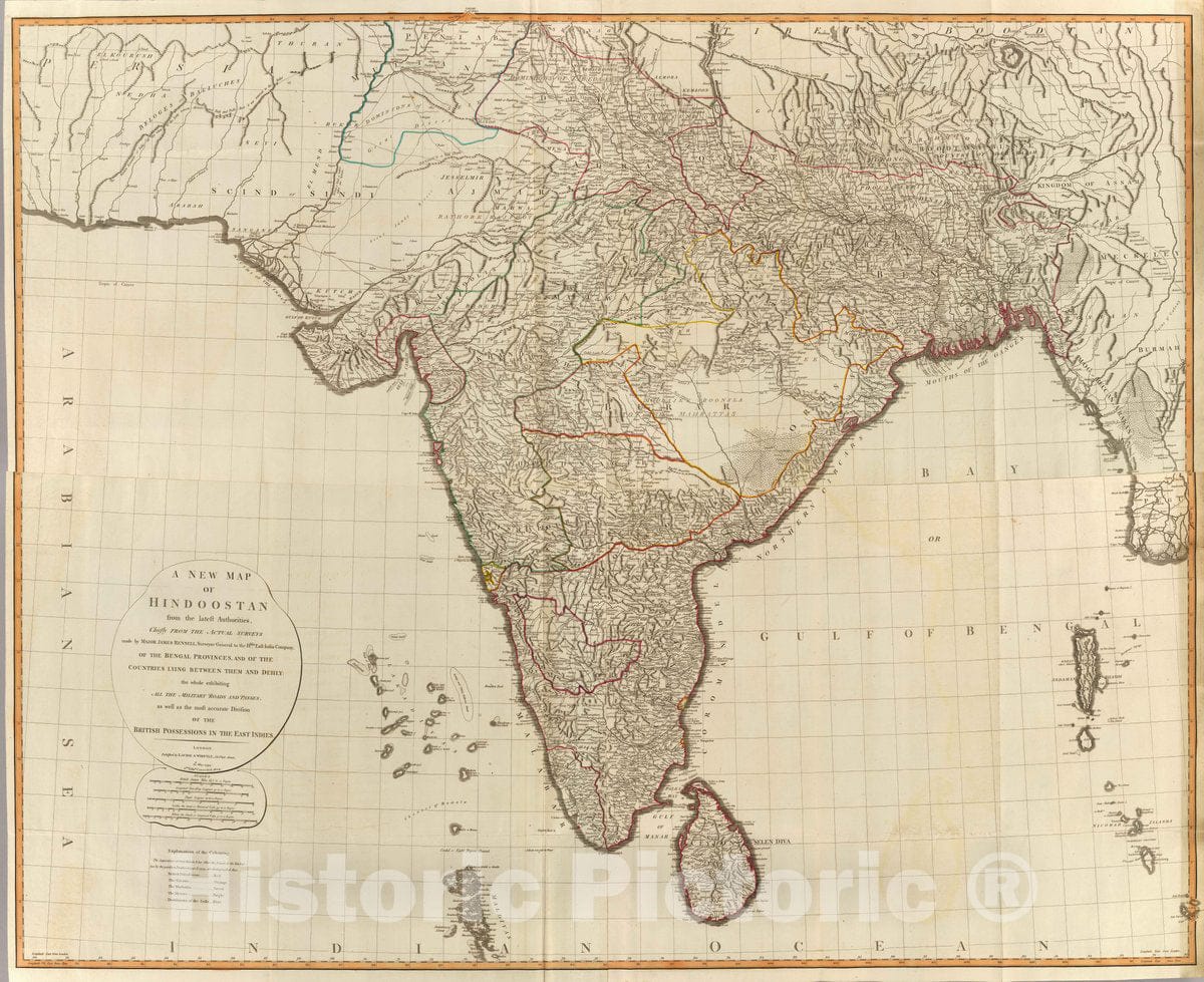 Historic Map : A new map of Hindoostan from the latest authorities. Chiefly from the actual surveys made by major James Rennell, Surveyor to the Hble, 1804 Atlas - Vintage Wall Art