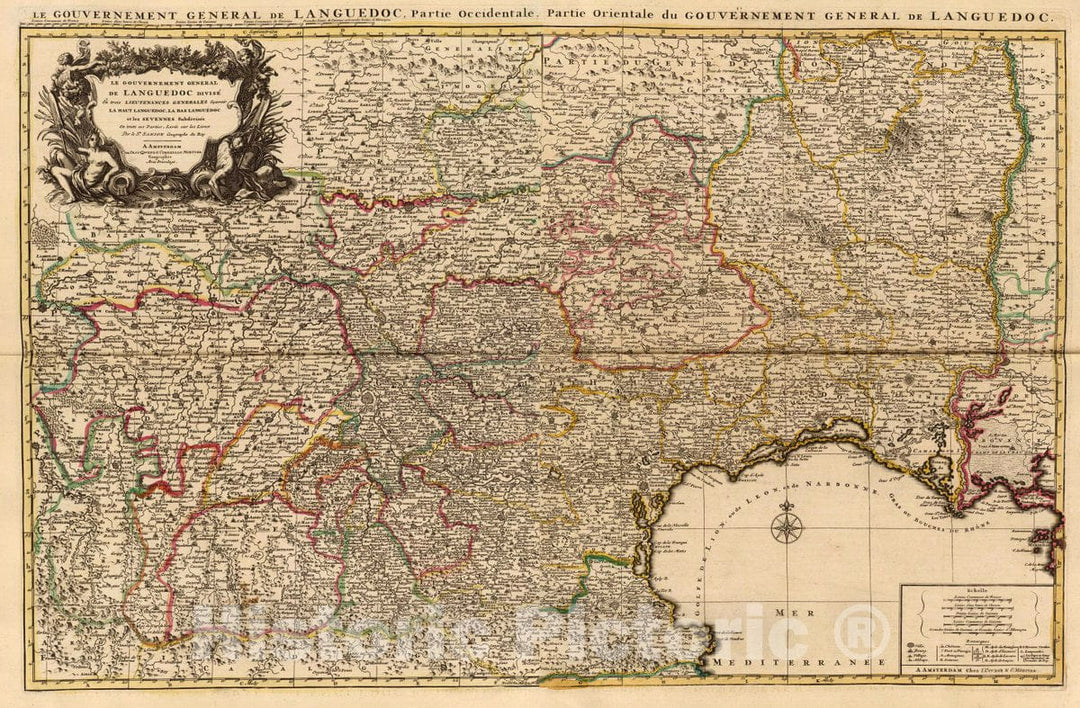 Historic Map : France, Le Gouvernement general de Languedoc divisee en trois Lieutenances Generales, 1742, Vintage Wall Art