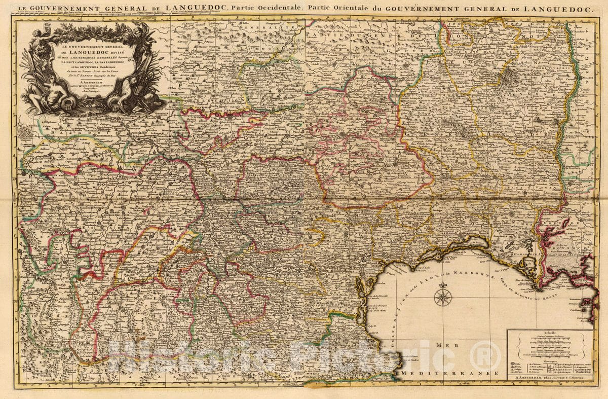 Historic Map : France, Le Gouvernement general de Languedoc divisee en trois Lieutenances Generales, 1742, Vintage Wall Art