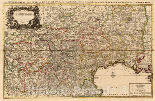 Historic Map : France, Le Gouvernement general de Languedoc divisee en trois Lieutenances Generales, 1742, Vintage Wall Art