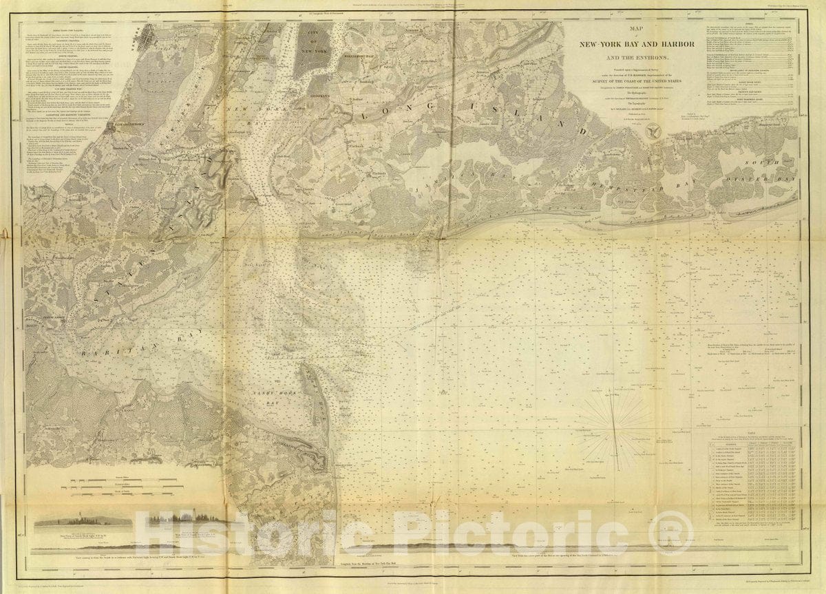 Historic Map : Map of New-York Bay and Harbor and the environs. From a trigonometrical survey, 1845 Chart - Vintage Wall Art