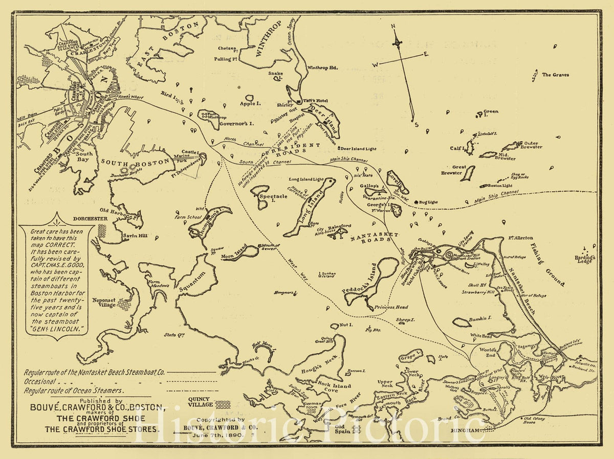 Boston Harbor, Massachusetts - Route Map, 1890 - Historical Nautical Map Print