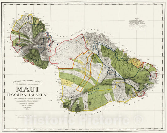 Historic Map - 1906 Maui, Hawaiian Islands. Primary Triangulation by W.D. Alexander and S.E. Bishop. Boundaries and Topography - Vintage Wall Art
