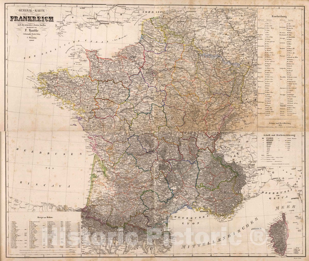 Historic Map : France, (Composite of) General-Karte von Frankreich nach den neuesten u. besten Quellen bearbeitet von F. Handtke, 1855 Atlas , Vintage Wall Art