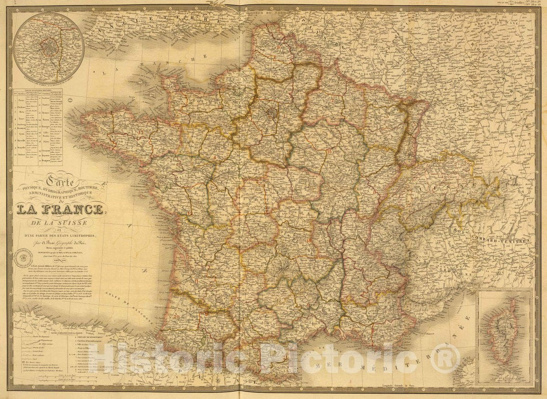 Historic Map : France; Switzerland, Carte Physique, hydrographique, routiere, 1840 Atlas , Vintage Wall Art