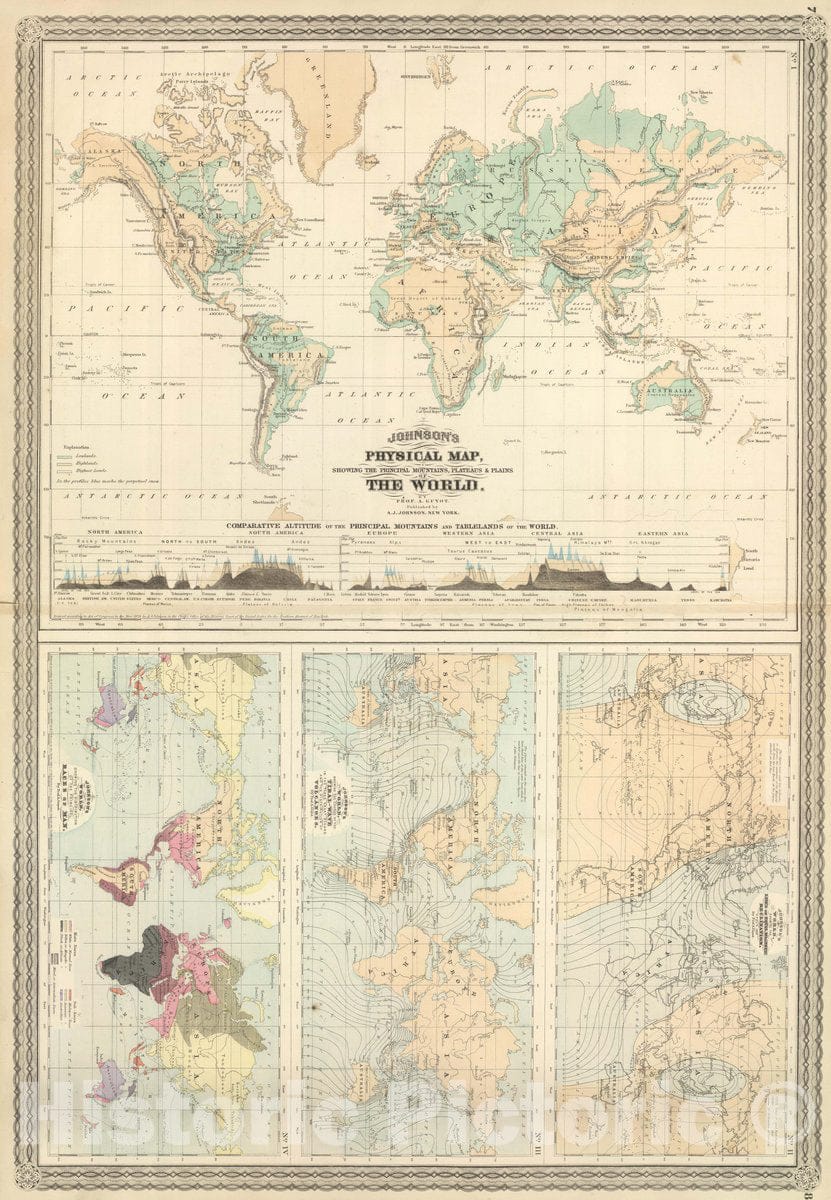 Historic Map : 1874 Principal Mountains, Plateaus, Plains of The World. - Vintage Wall Art