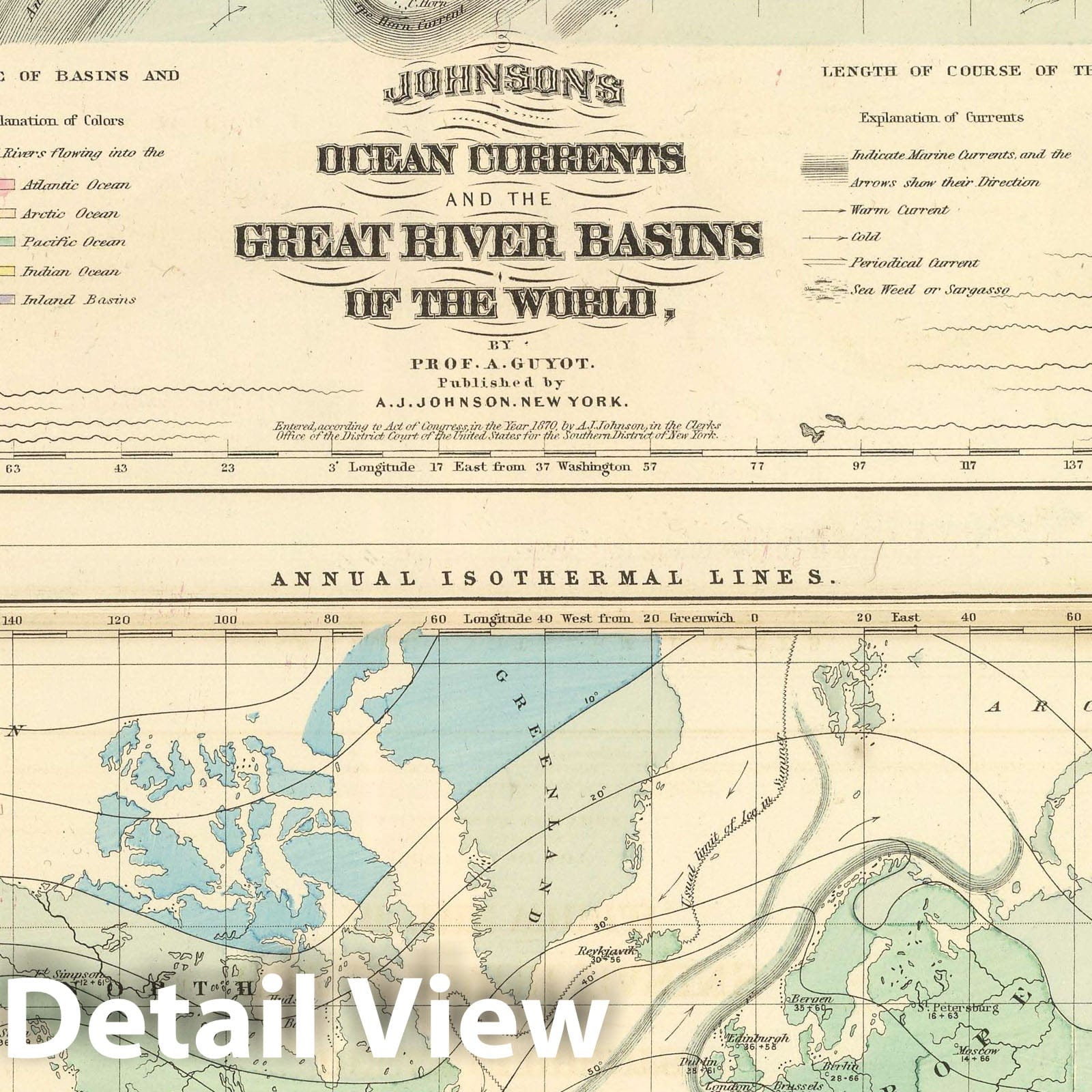 Ocean Currents and River Basins of the World, 1874 - Historical Map Print
