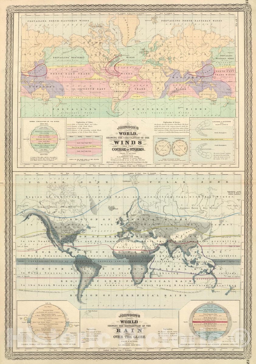 World: Winds, Storms, and Precipitation - Physical Map, 1874