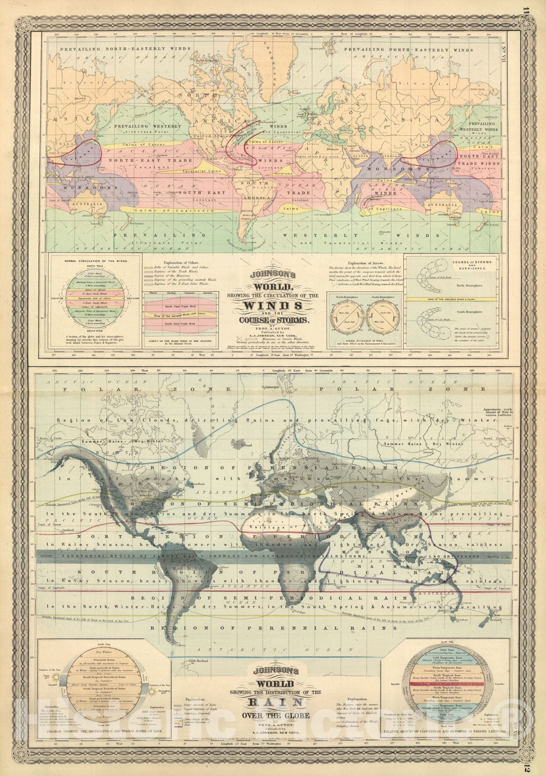Historic Map - World, Showing The Circulation of The Winds and The Course of Storms, 1874 Atlas - Vintage Wall Art