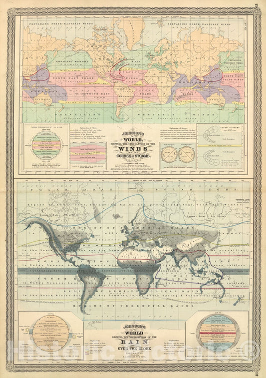 Historic Map - World, Showing The Circulation of The Winds and The Course of Storms, 1874 Atlas - Vintage Wall Art