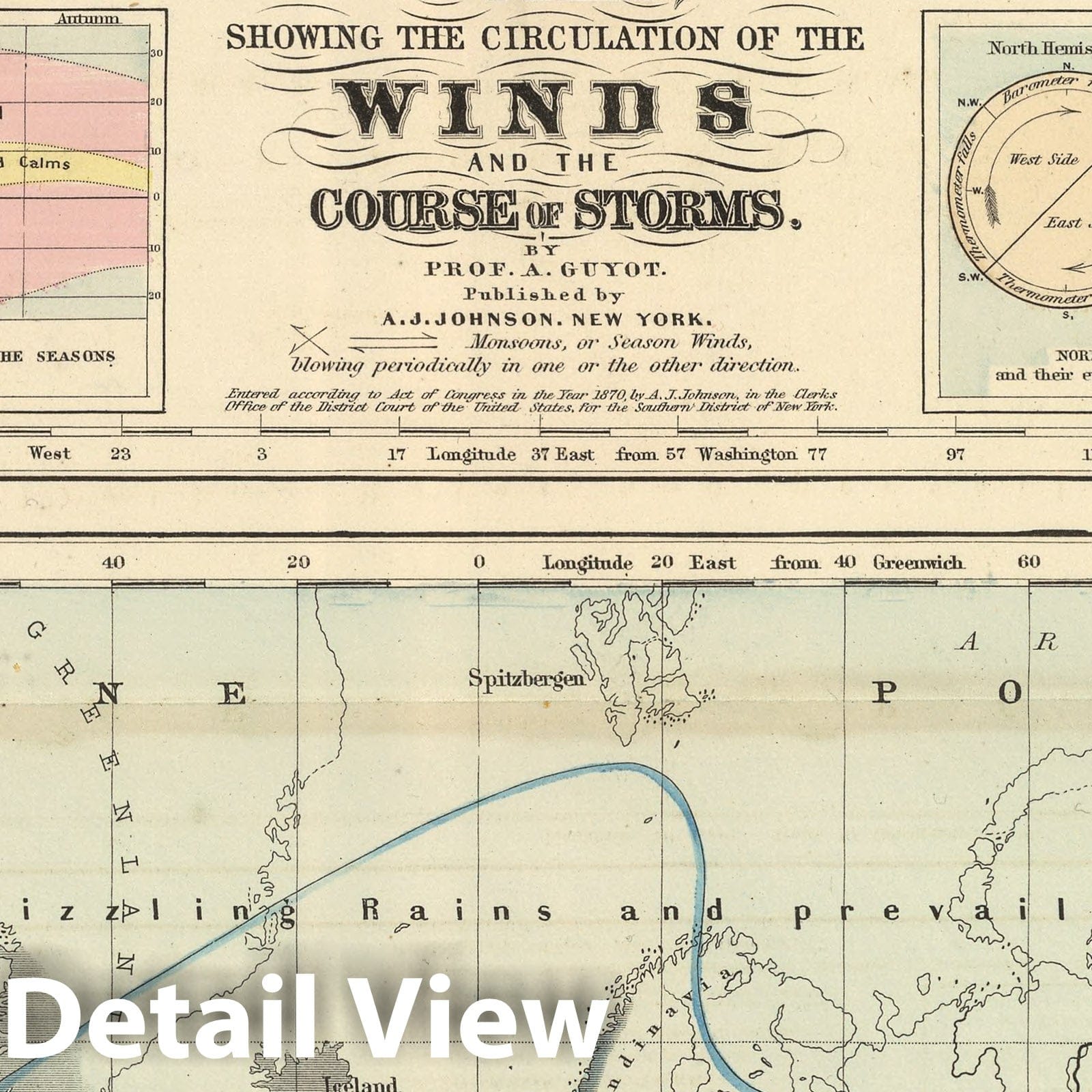 World: Winds, Storms, and Precipitation - Physical Map, 1874