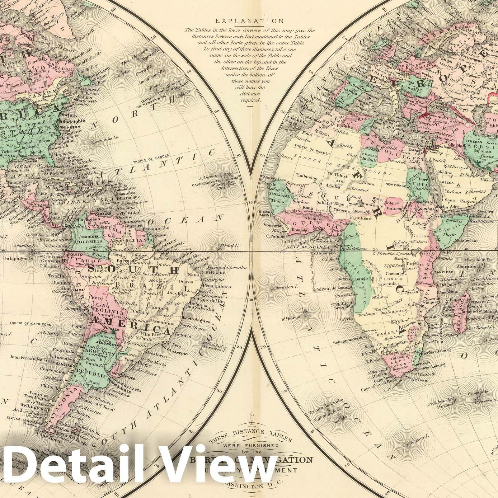 Eastern and Western Hemispheres - Physical Map, 1874 - Johnson's Family Atlas