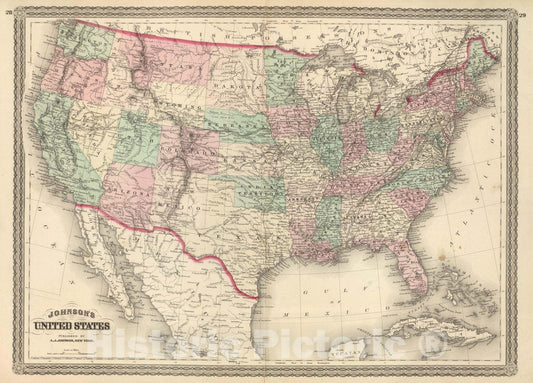 Historic Map : Johnson's United States. Published by A. J. Johnson, New York. 28. 29, 1874 Atlas - Vintage Wall Art