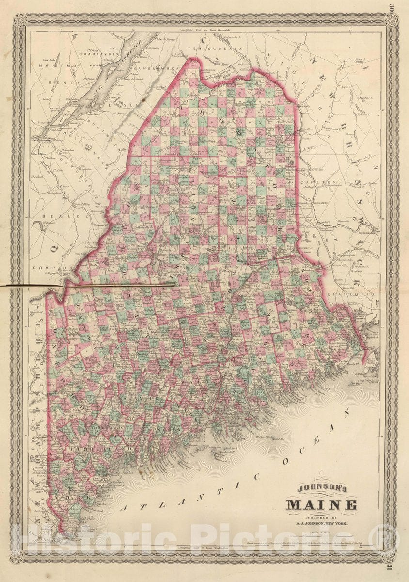 Historic Map : Johnson's Maine. Published by A. J. Johnson, New York. 30. 31, 1874 Atlas - Vintage Wall Art