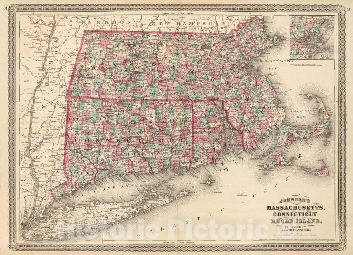Historic Map : Massachusetts, Connecticut, and Rhode Island, 1874 Atlas - Vintage Wall Art