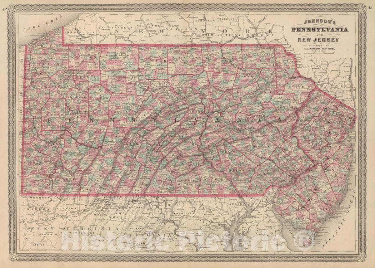 Historic Map : Johnson's Pennsylvania and New Jersey. Published by A. J. Johnson, New York. 42. 43, 1874 Atlas - Vintage Wall Art