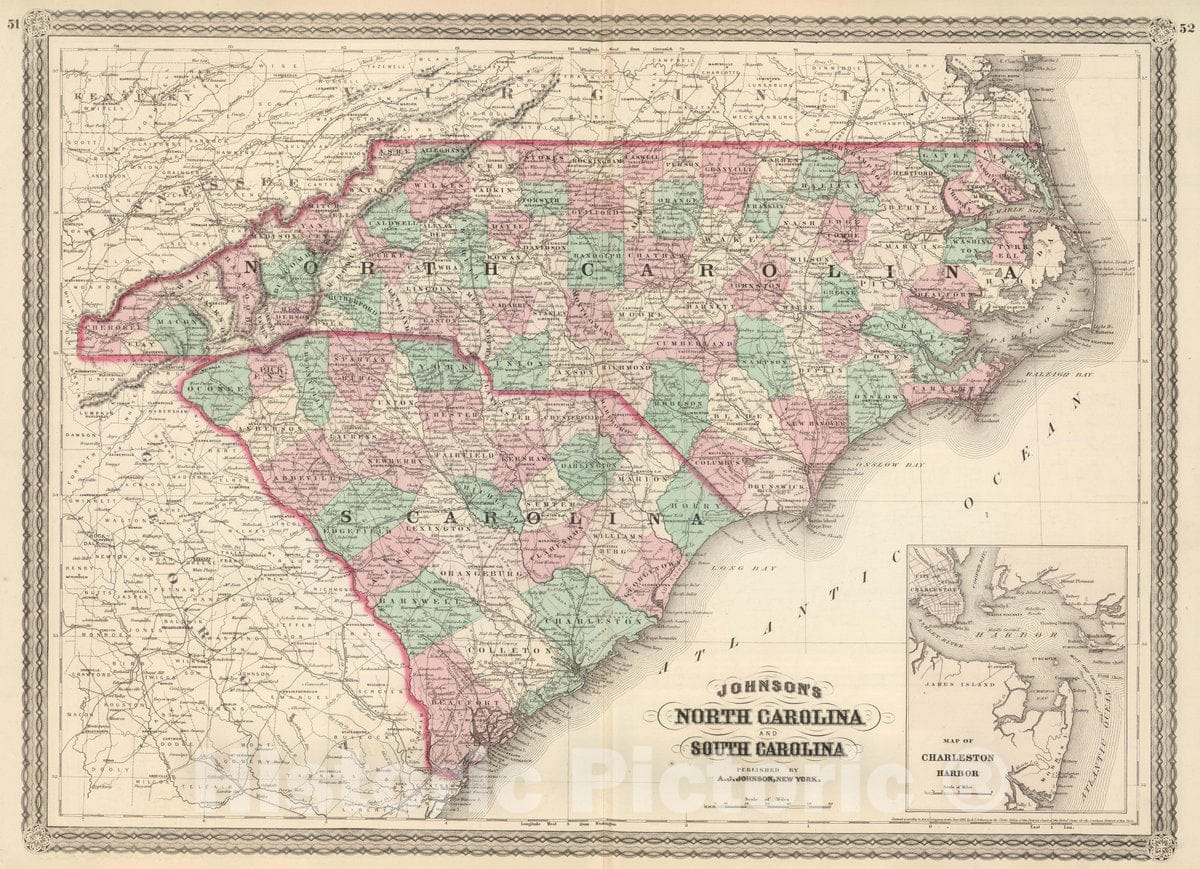 Historic Map : North Carolina and South Carolina, 1874 Atlas - Vintage Wall Art