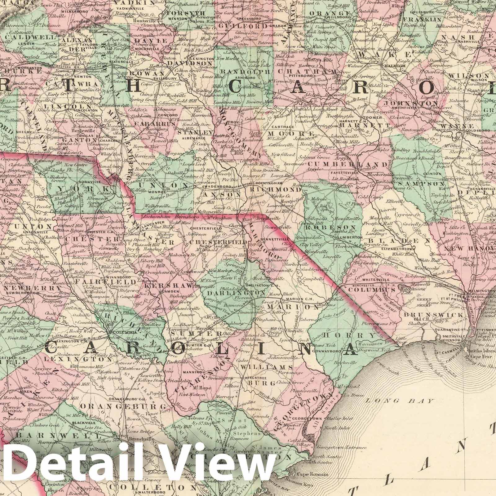 North Carolina and South Carolina - Railroad Map, 1874 - Historical Map Print