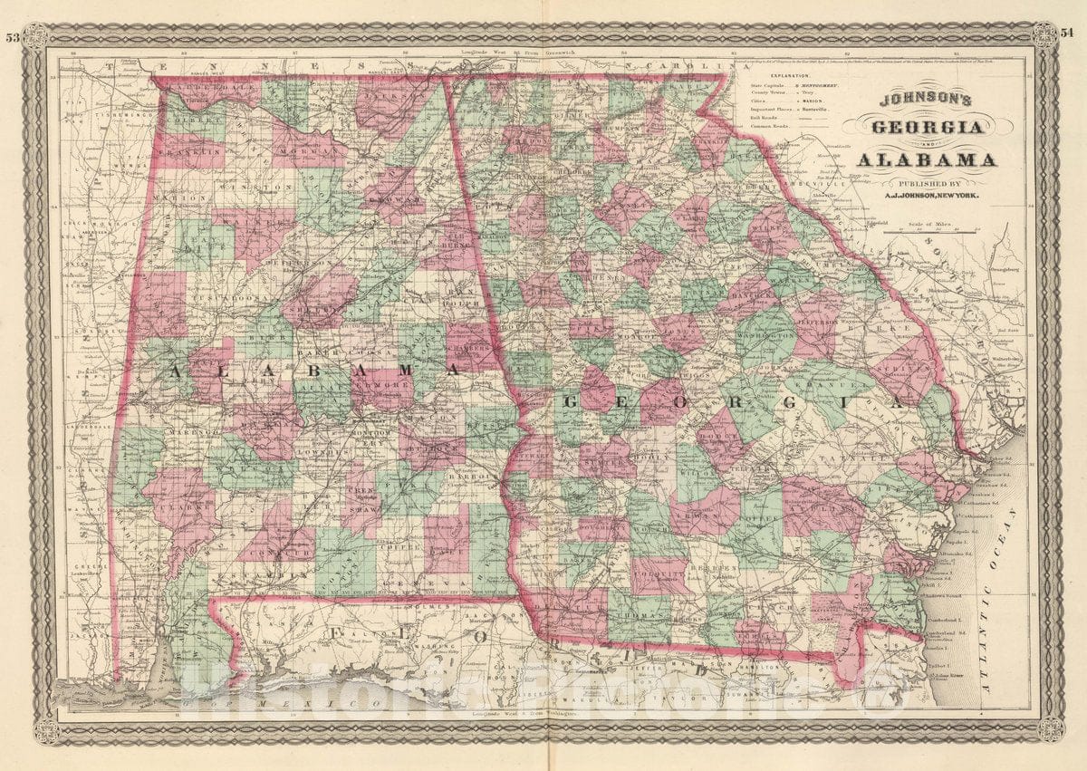 Historic Map : Johnson's Georgia and Alabama. Published by A. J. Johnson, New York. 53. 54, 1874 Atlas - Vintage Wall Art