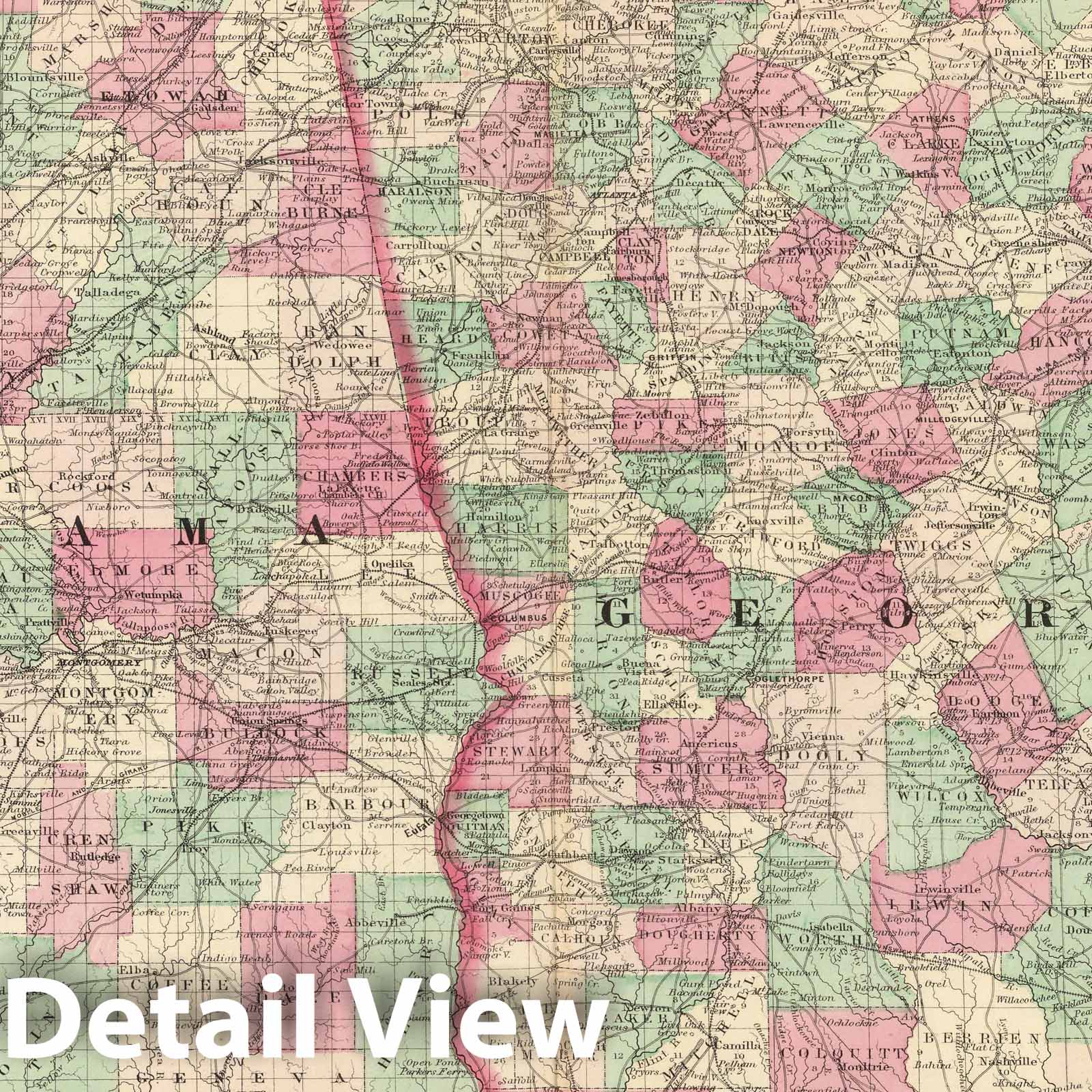 Georgia and Alabama - Railroad Map, 1874 - Historical Map Print